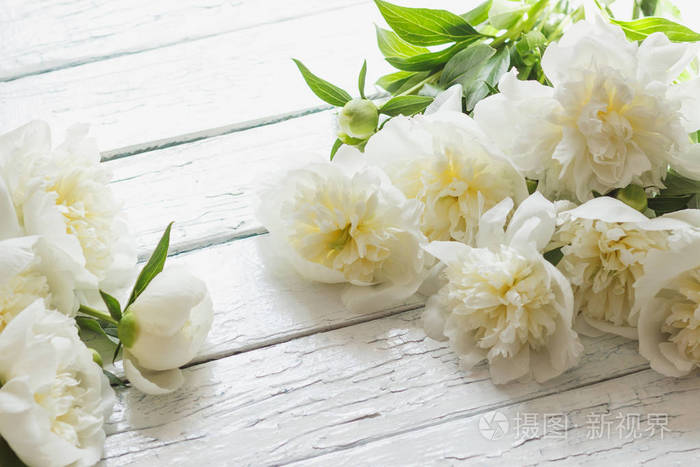在老白的木板上的白牡丹的花束