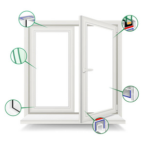 塑料窗向量。窗口框架结构。打开塑料玻璃窗口。白色背景图上孤立