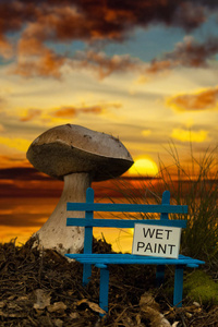 与未干的油漆和巨大的蘑菇，在日落时的小板凳