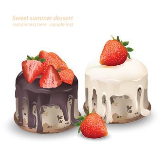 美味的糖果和甜点的巧克力和草莓的蛋糕。夏季糖果糕点对待矢量图
