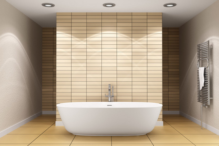 现代浴室，墙上贴米黄色瓷砖