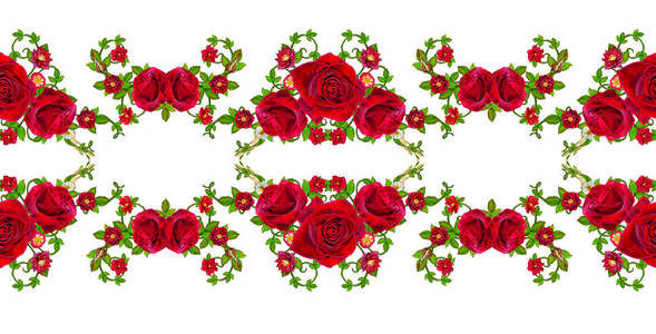 水平无缝的花卉图案。黑丝绒红玫瑰的花环。白色背景上孤立