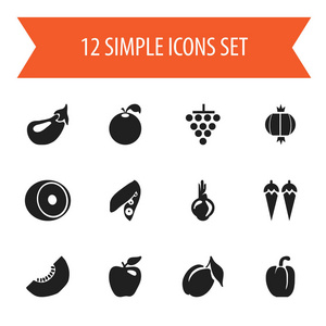 12 可编辑甜点图标集。包括大蒜 Honeycrisp 辣椒等符号。可用于 Web 移动 Ui 和数据图表设计