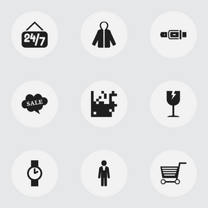 9 可编辑贸易图标集。包括每天打开 手推车 识别等符号。可用于 Web 移动 Ui 和数据图表设计