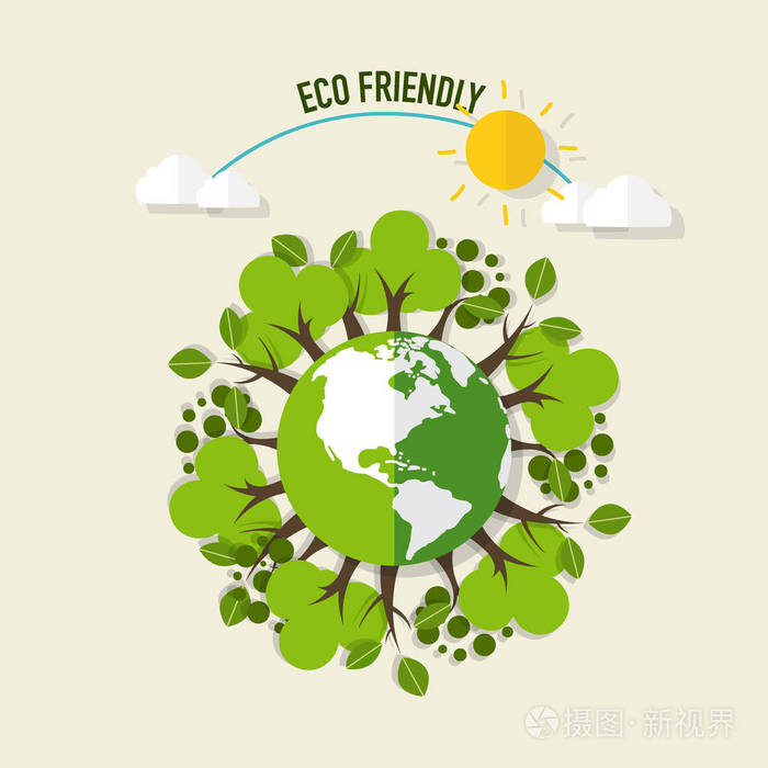插画 生态友好.生态理念与绿色生态地球和树木.ve.eps