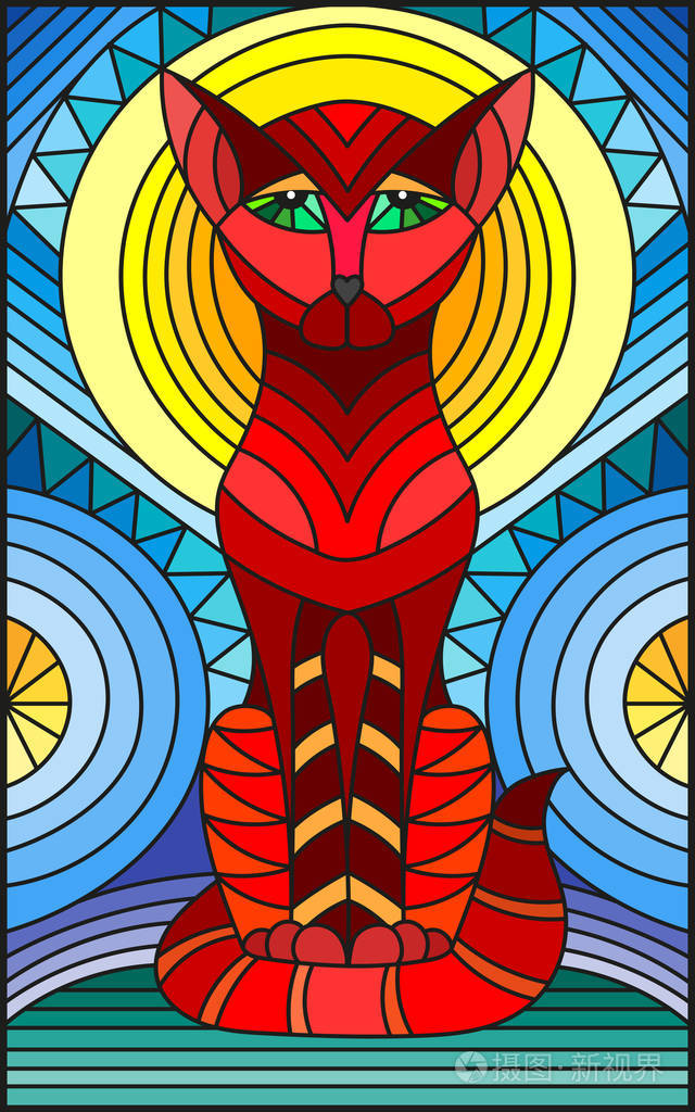 在彩色玻璃风格与抽象的几何猫图