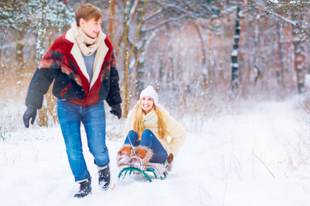 一对幸福的情侣骑着雪橇在雪地里在公园里的胜利