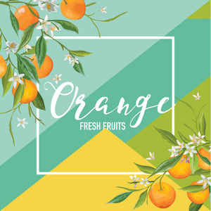 热带橙色水果和鲜花夏天横幅，图形背景，异国花香邀请 传单或卡片现代头版
