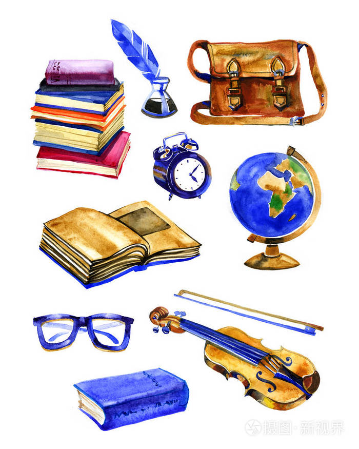 水彩手绘集学校物品.欢迎回到学校