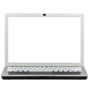 笔记本电脑在前面用剪切路径隔绝在艾菲尔铁塔的白色背景