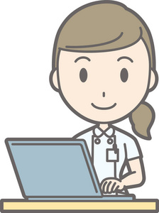 图一名护士穿着白色的衣服使用一台笔记本电脑 com