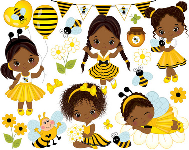 矢量小非洲裔美国女孩 蜜蜂 蜂蜜 气球和鲜花