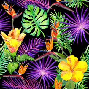 热带树叶，充满异国情调的鲜花。在黑色背景上的无缝模式。水彩