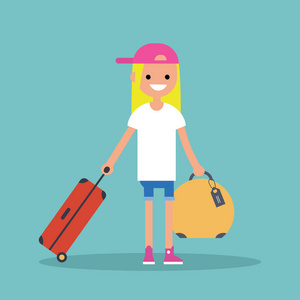 年轻十几岁的女孩与她的行李旅行  平编辑 v