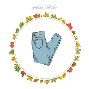 牛仔裤，手画的衣服。秋天的集合。框架的秋天 lea