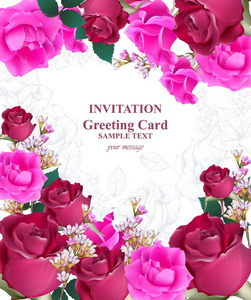 邀请卡矢量。玫瑰美丽的花儿。粉色倒挂金钟颜色