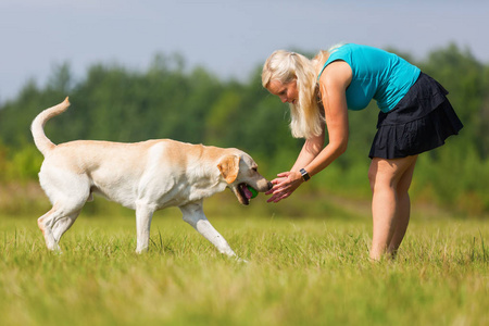 成熟的女人和一只拉布拉多犬在户外玩