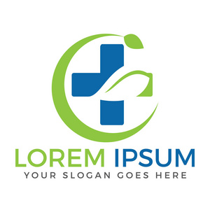 抽象的绿叶和蓝十字医学媒介生物标志设计照片