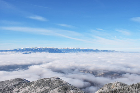 冬季景观与杉木树森林覆盖的 Postavaru 山大雪波亚纳布拉索夫胜地罗马尼亚