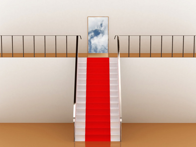 铺着红地毯的楼梯通向天空