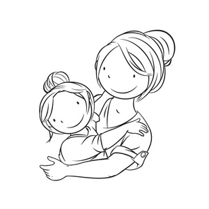 妈妈拥抱她的孩子,着色页,矢量图照片