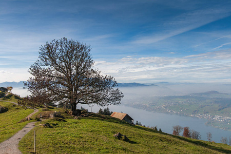 这儿秋季景观山 Rigi 和卢泽恩湖，阿尔卑斯山附近