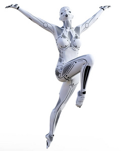 跳舞机器人的女人。白色金属机器人。人工智能
