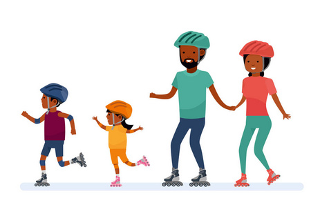 家庭休闲。家庭   妈妈，爸爸，儿子和女儿，滚轴溜冰。非洲裔美国人的人
