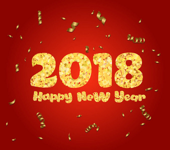 新年快乐。金色亮片 2018年。金色的文本和孤立的红色背景上的纸屑