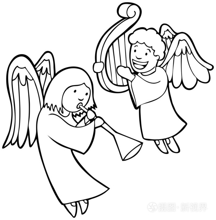 天使演奏黑白乐器插画-正版商用图片01l1oh-摄图新视界