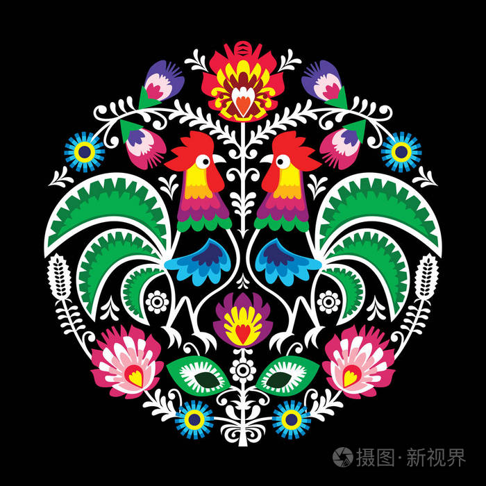 波兰矢量民间艺术花卉刺绣公鸡,与传统的模式-wycinanki lowickie