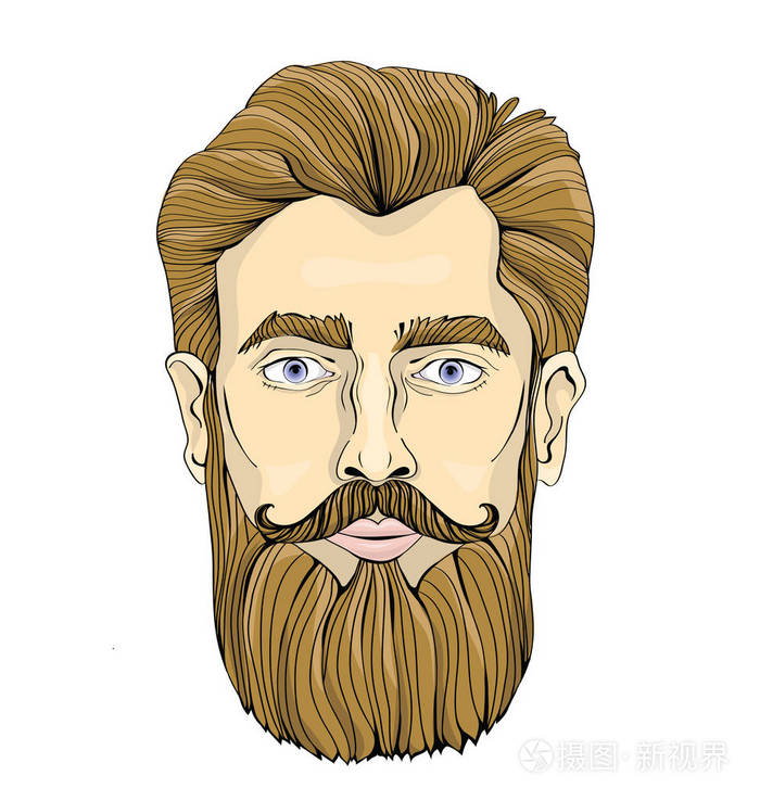 大胡子男人的脸.矢量肖像插画,白色背景上孤立