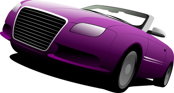 路上的紫色敞篷车。 矢量插图