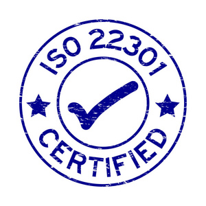 垃圾摇滚蓝 Iso 22301 认证白色背景上的圆橡胶密封邮票