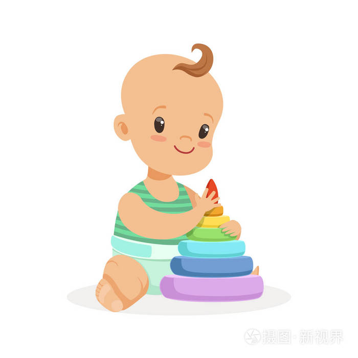 可爱微笑的婴儿坐和玩金字塔玩具,姹紫嫣红的卡通人物矢量图