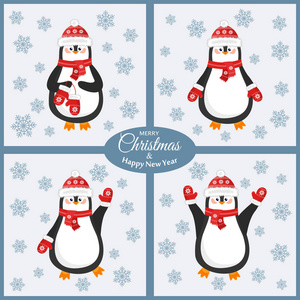 圣诞快乐, 新年愉快。可爱的明信片与不同的企鹅帽