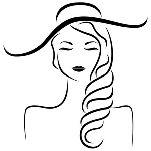 抽象美丽梦幻般的年轻女子在帽子里，闭着眼睛程式化肖像，矢量黑色轮廓