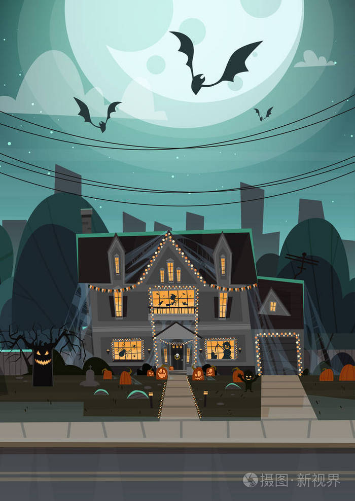 为万圣节家庭大楼前的视图与不同南瓜,蝙蝠的节日庆祝活动概念的房子
