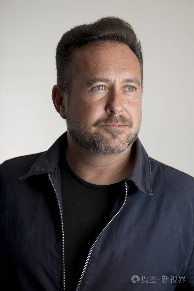 大胡子男人穿着衬衫和夹克看着别处的肖像