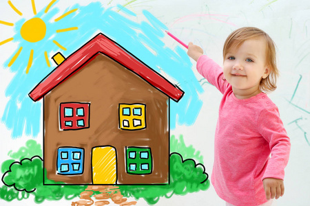 逗人喜爱的小女孩图画房子在轻的背景
