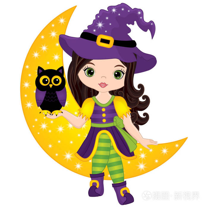 矢量可爱小女巫与坐在新月的猫头鹰