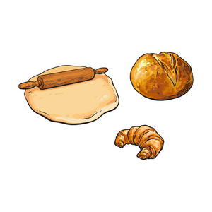木制擀面杖 面团 面包和牛角包