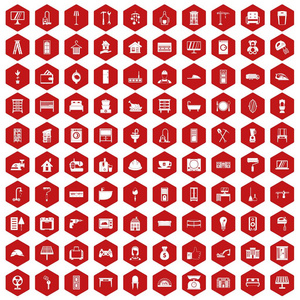 100 舒适的房子图标六角红