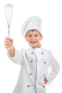 性格开朗快乐的年轻厨师助理演示烹饪扫，孤立的白色背景上。食物和烹饪的概念