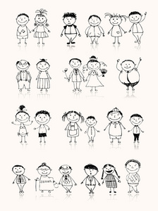 幸福的大家庭微笑着画素描照片