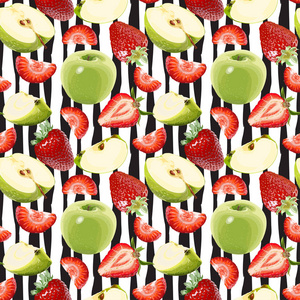 无缝矢量绿色苹果和草莓图案