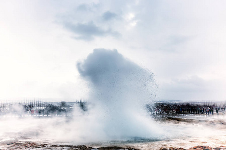 爆发的伟大的 Geysir 位于 Haukadalur 山谷中