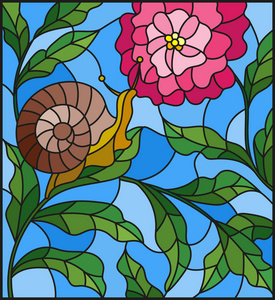 在彩色玻璃风格与蜗牛和粉红色的花，绿党反对图