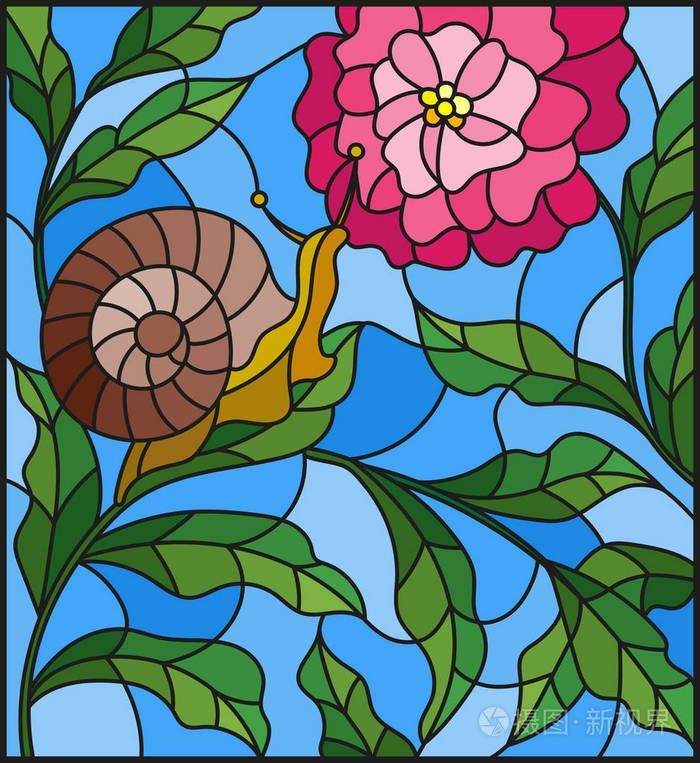 在彩色玻璃风格与蜗牛和粉红色的花,绿党反对图插画-正版商用图片01m