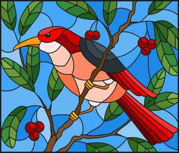 插画风格的彩绘玻璃与一只美丽的红鸟分支树和天空的背景上